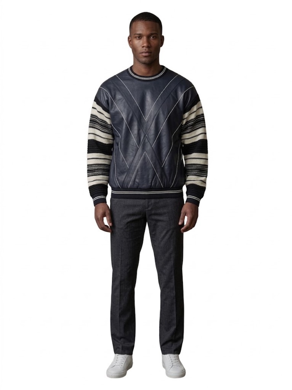 Bagazio Genuine Sheep Leather Black Sweater L Striped Knit Sleeves NWT